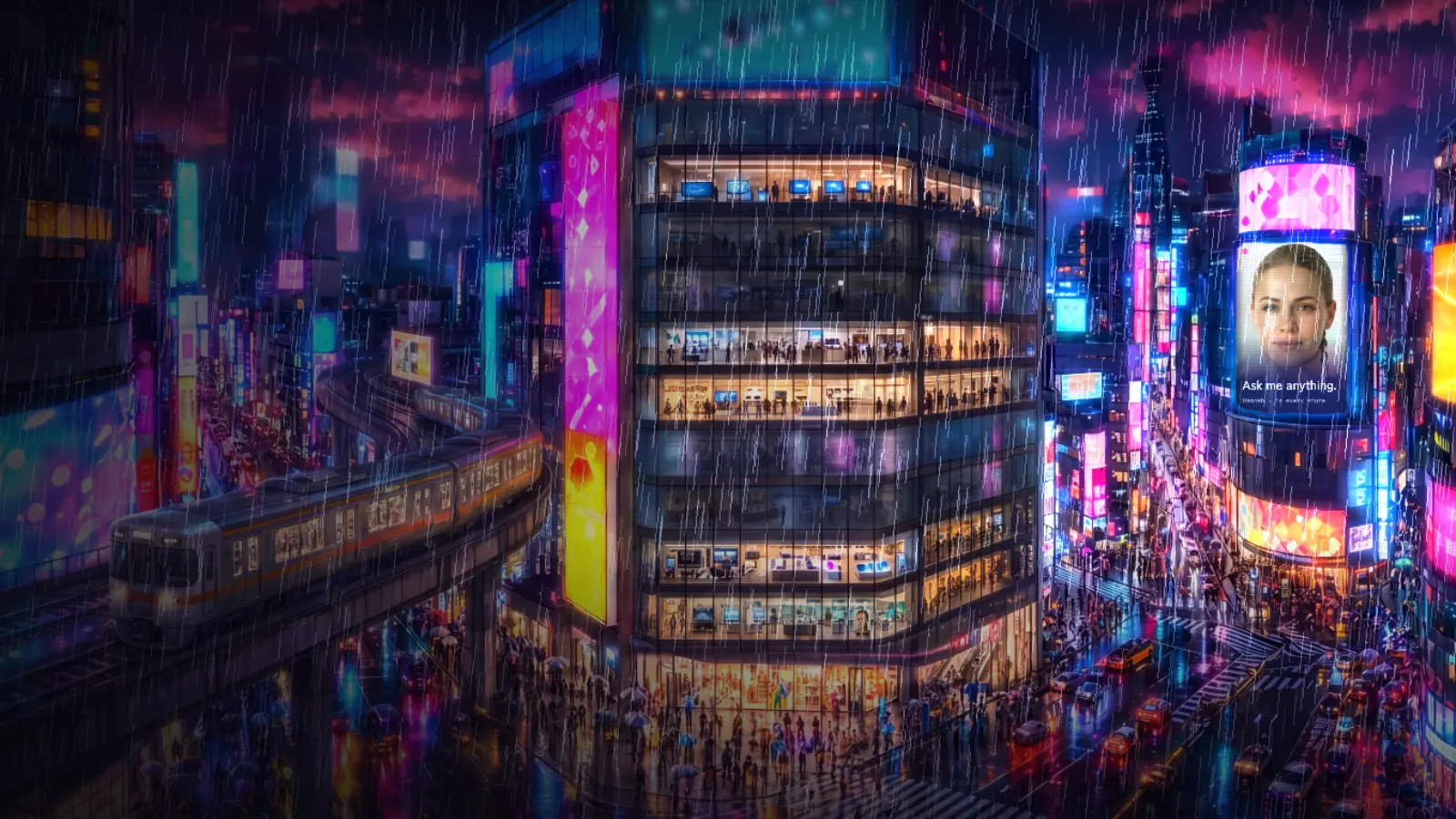 Night in Tokyo: a department store full of electronics, rain over the crossing, Hannah on a round screen above the street.