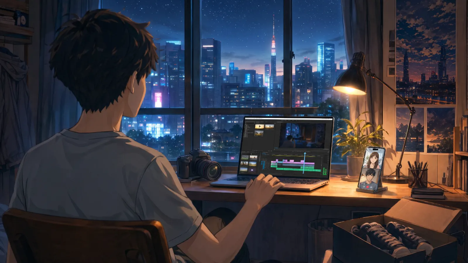 Years later, at his own desk, he edits a film while his ambassador takes a call with a client.