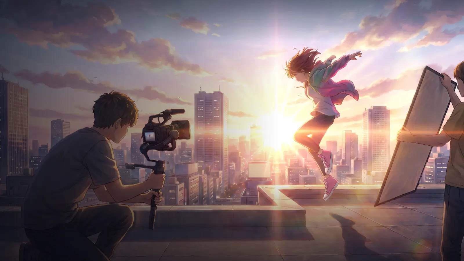 Dawn on a rooftop: he films a dancer mid-jump for the spring drop.