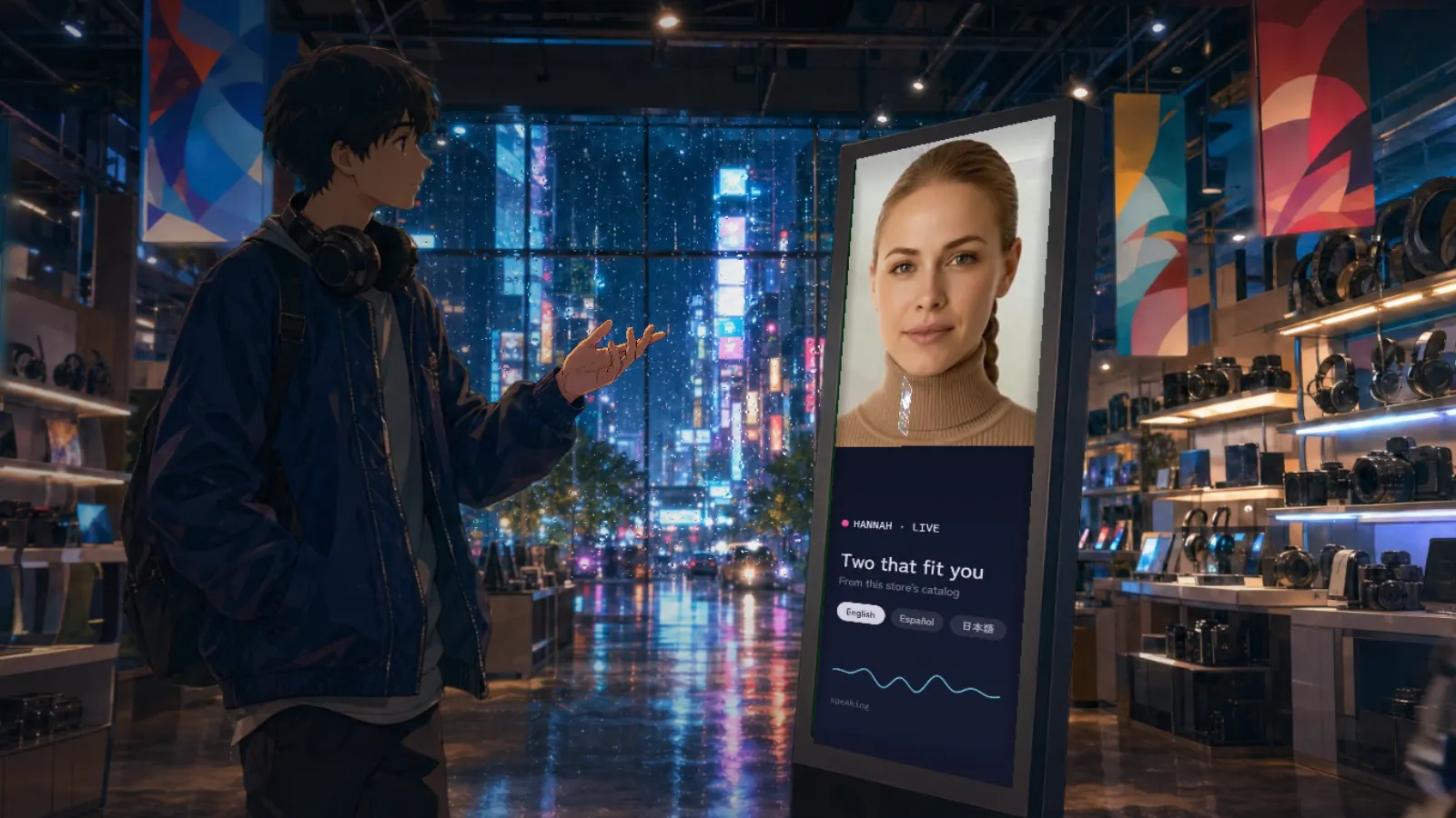 Inside the store a young shopper asks the kiosk a question. Hannah, a live AI seller, answers from the screen.